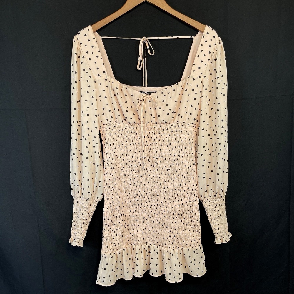 Womens Milkmaid Peasant Polka Dot Mini Dress M Pink Coquette Soft Girl Romantic